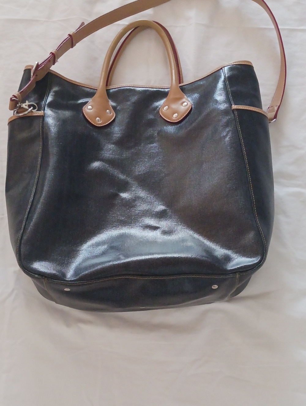 Isaac Mizrahi Structured Denim Blue Tote with Tan Trim and Dual Carry Straps.